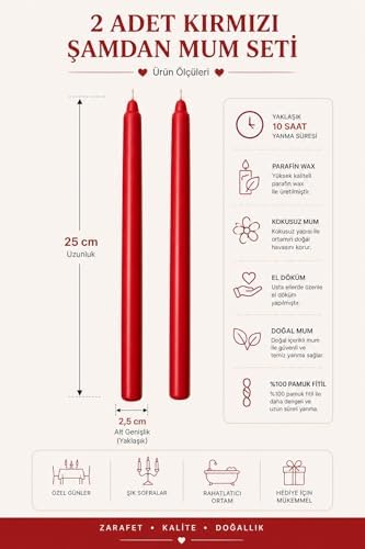 2’li Kırmızı Şamdan Mum Seti 25 cm – Dekoratif İnce Şamdan Mum, Kokusuz Parafin Wax,%100 Pamuk Fitil, El Döküm, Uzun Süre Yanma (~10 Saat), Şık Sofra, Davet, Nişan, Düğün ve Ev Dekorasyonu - Görsel 2