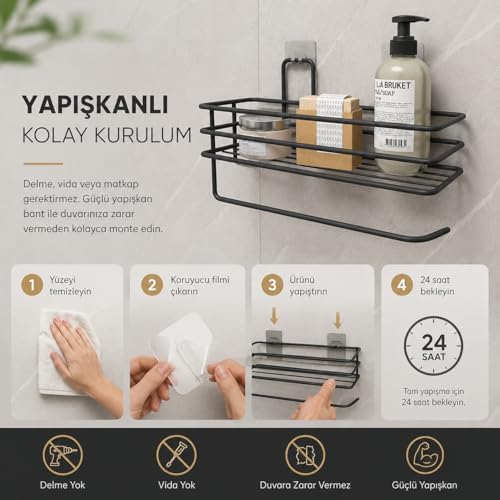 Alper Banyo Yapışkanlı Siyah Raflı Solo Havlu Askısı, Delmeden Montaj Banyo ve Mutfak Duvar Tipi Havluluk Organizer