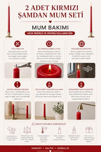 2’li Kırmızı Şamdan Mum Seti 25 cm – Dekoratif İnce Şamdan Mum, Kokusuz Parafin Wax,%100 Pamuk Fitil, El Döküm, Uzun Süre Yanma (~10 Saat), Şık Sofra, Davet, Nişan, Düğün ve Ev Dekorasyonu - Görsel 3