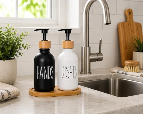 2’li Hands & Dishes Siyah Beyaz Cam Sabunluk Seti – Modern Minimalist Tasarım, 500 ml Kapasiteli, Bambu Standlı Dekoratif Mutfak & Banyo Sıvı Sabunluk Dispenser Seti