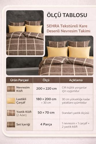 Alternative view of Lüks%80 Pamuklu Çift Kişilik Nevresim Takımı Seti Yorgan Kılıfı LOVE KALP Desen 200x220 cm + Lastikli Battal Boy Çarşaf 180x200x30 cm +2 Yastık Kılıflı 50x70 cm (Kahverengi, Kareli)