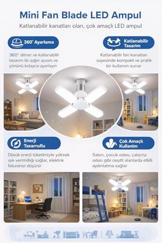 4 Kollu Katlanabilir LED Tavan Ampulü E27 Duy Uyumlu Yüksek Parlaklık Enerji Tasarruflu Modern Tavan Aydınlatma Armatürü Ev Ofis Yatak Odası Salon İçin4 Kollu Katlanabilir LED Tavan Ampulü E27 Duy Uyu