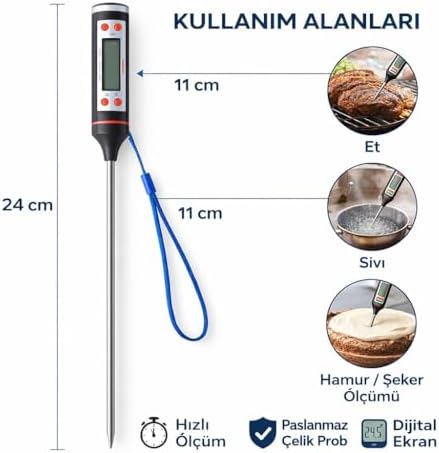 Alternative view of Dijital Mutfak Termometresi Paslanmaz Çelik Prob, Hızlı Ölçüm, LCD Ekranlı Gıda Termometresi, Et Sıvı Hamur Şeker Ölçümü, 24 cm Uzunluk