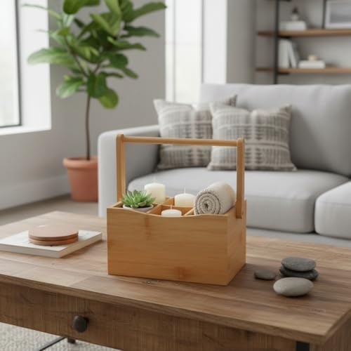 Bambu Taşıma Kulplu Çok Amaçlı Düzenleyici - 6 Bölmeli Çatal Bıçaklık | Ofis, Banyo ve Masaüstü Caddy Organizer (21.6x14x12.7 cm)