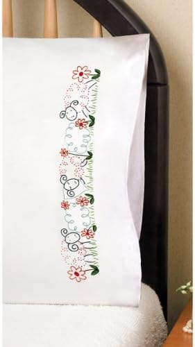 Tobin T232113 Damgalı Yastık Kılıfı Çifti Nakış Seti, 50,7 cm x 75,8 cm, Koyun, Beyaz