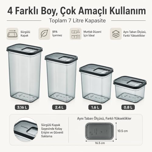 Sürgülü Kapaklı Saklama Kabı Seti, 7 Litre, 4 Farklı Boyut, Büyük Küçük Boy Gıda Erzak Depolama Kutusu, Plastik Mutfak Düzenleyici Organizer, Kolay ve Zahmetsiz Kullanım (0,8/1,6/2,4/3,16 L)