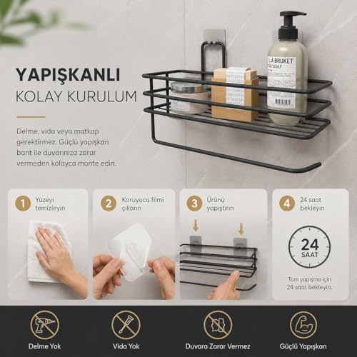 Yapışkanlı Raflı Havlu Askısı,Baharatlık askısı,Kağıt Havlu Askılı Duvar Tipi Baharatlık ve Şampuanlık, Banyo ve Mutfak İçin Uygun,Delmeden vidalamadan kolay ve pratik Montaj (HavlulukluRaf) - Görsel 3