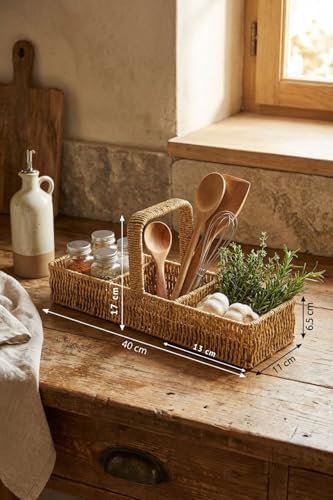 3 Bölmeli Hasır Sepet Organizer Saplı, Mutfak Banyo Ofis Çok Amaçlı Düzenleyici, Plastik Rattan Kaşıklık Sepeti, 40x13x17 cm