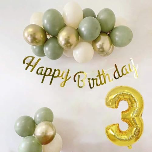 3 Yaş Küf Yeşili, Deniz Kumu ve Krom Gold Balonlu Konsept Doğum Günü Seti