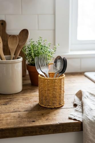 Alternative view of Yuvarlak Hasır Dokulu Plastik Rattan Kaşıklık ve Çatallık, Askılı Çok Amaçlı Mutfak Organizeri, 10x14 cm