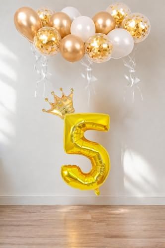 Alternative view of 5 Rakam Gold Folyo Balon, Kral Tacı Ve Konfetili Gold Balon