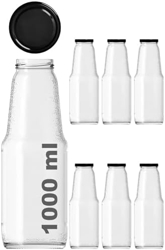 1000 ml Şeffaf Meyve Suyu Şişesi, Meşrubat, Limonata Şişesi Metal Kapaklı 1000 Cc Boş Cam Şişe (6, Siyah Kapak, 1000, Mililitre) - Görsel 2