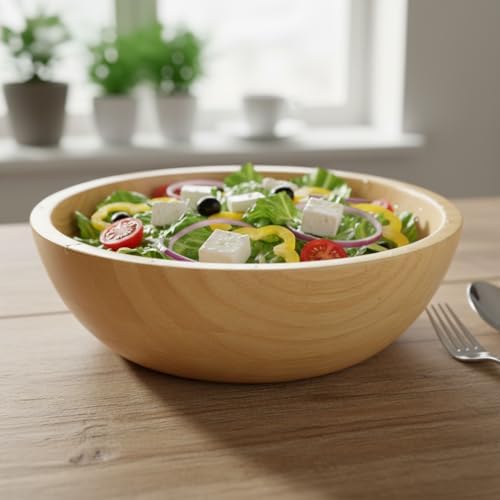 Doğal Bambu Salata Kasesi – 20cm & 25cm Çap Seçenekli El Yapımı Derin Ahşap Servis ve Karıştırma Kasesi | Meyve, Makarna, Çerez Sunumu | Çevre Dostu Mutfak ve Sofra Aksesuarı (ORTA BOY) - Görsel 2