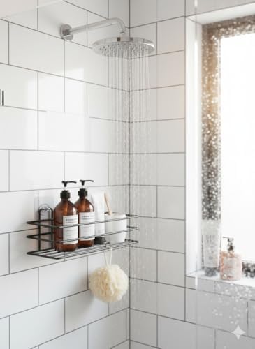 Yapışkanlı Siyah Banyo ve Mutfak Rafı – Tek Katlı Düz Şampuanlık ve Baharatlık, Delmeden Montaj, Matkap Vida Gerektirmeyen Su Geçirmez Duvar Organizeri (2 Adet)