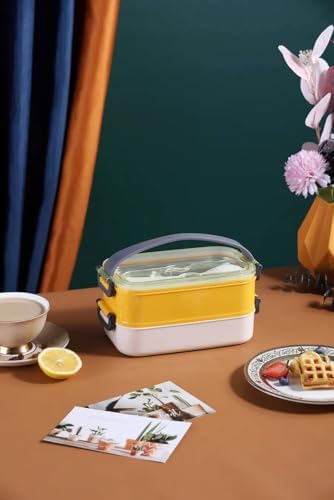 Çift Katmanlı Paslanmaz Çelik Beslenme Kabı-1400 ml (Çatallı Kaşık) Beslenme Kutusu (Sarı)