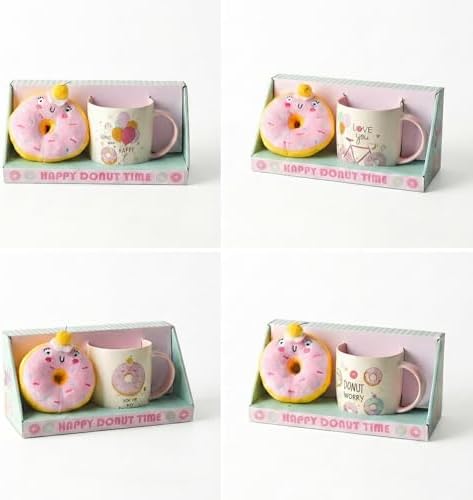 Donut Peluş Anahtarlıklı Porselen Kupa - Sürpriz 4 Farklı Modelden Biri - Hediyelik Sevimli Kupa Bardak ve Yumuşak Anahtarlık Seti (Asorti/Karışık 1 Adet)