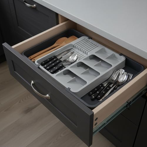 Çekmece İçi Sürgülü Çatal Kaşık ve Bıçaklık Organizeri - Genişleyebilir Modüler Mutfak Düzenleyici (Açık 55 cm, Kapalı 34 cm) - Açık Gri ve Antrasit Renk - Görsel 3
