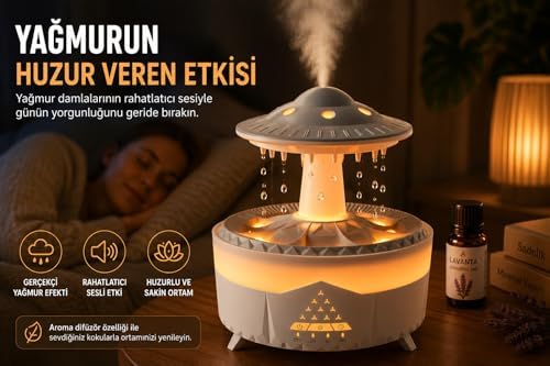Yağmur Efektli Hava Nemlendirici – Ultrasonik Buhar, Sessiz Çalışma, 7 Renk LED Işık, Zaman Ayarlı (2H/4H/8H), Otomatik Kapanma, Aromaterapi Uyumlu