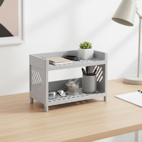 Çok Amaçlı 2 Katlı Organizer Raf – Gri Plastik Düzenleyici Stand – Banyo, Mutfak, Masaüstü ve Ofis İçin – 25 x 18 cm