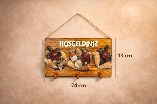 Deniz Kabuklu ve Kaplumbağa Figürlü Ahşap Duvar Anahtarlığı, Hoşgeldiniz Yazılı Dekoratif Askılık, Giriş Holü Kapı Süsü Ev Dekoru.