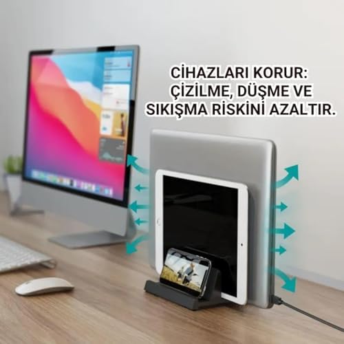 Coofbe 3 Bölmeli Metal Genişlik Ayarlamalı Masaüstü Dikey Macbook Laptop Notebook Standı Telefon Tablet Standı - Görsel 2