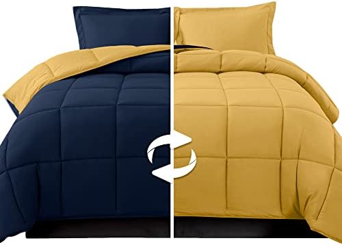 Elegant Comfort 3 Parça Ters Çevrilebilir Yorgan Seti, Dört Mevsim Rahat, Yumuşak Kuş Tüyü Alternatif, Kapitone - Kutu Dikişli - 4 Köşe Sekmeli Nevresim Takımı, Süslü Yorgan, Kral, Lacivert/Sarı - Görsel 2