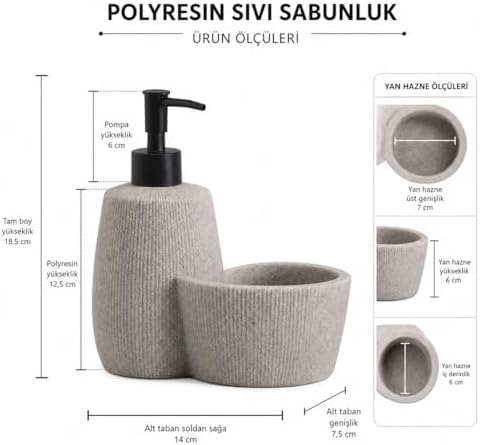 Polyresin Sıvı Sabunluk, Modern Çizgili, Krem Renk, Mat Doku, Sıvı Sabun, Pompalı, Kozmetik Şişesi, Doldurulabilir Sıvı Sabunluk, Banyo Mutfak Lavabo Otel Karavan Mien Aksesuarı - Görsel 3