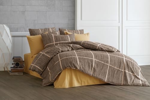 Lüks%80 Pamuklu Çift Kişilik Nevresim Takımı Seti Yorgan Kılıfı LOVE KALP Desen 200x220 cm + Lastikli Battal Boy Çarşaf 180x200x30 cm +2 Yastık Kılıflı 50x70 cm (Kahverengi, Kareli)