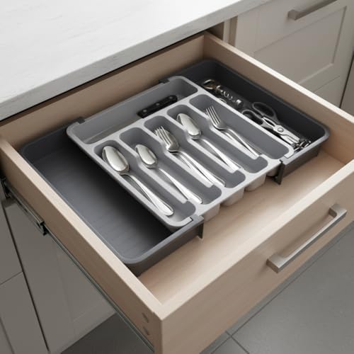 Alternative view of Çift Taraflı Açılır Çekmece İçi Kaşıklık ve Organizer - Modüler Sürgülü Mutfak Düzenleyici - Açık Gri ve Antrasit Renk - Kapalı 31 cm Açık 52 cm