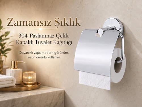 Kapaklı Tuvalet Kağıtlığı, 304 Paslanmaz Çelik, Krom Kaplama Wc Kağıtlık, Yapışkanlı ve Vidalı Montajlı, 5 Yıl Garantili Banyo Aksesuarı - Görsel 2