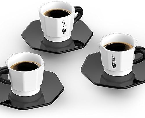 - 4'lü Espresso Fincan Seti - Sekizgen Tasarım - Siyah Beyaz Karma Renk - Porselen