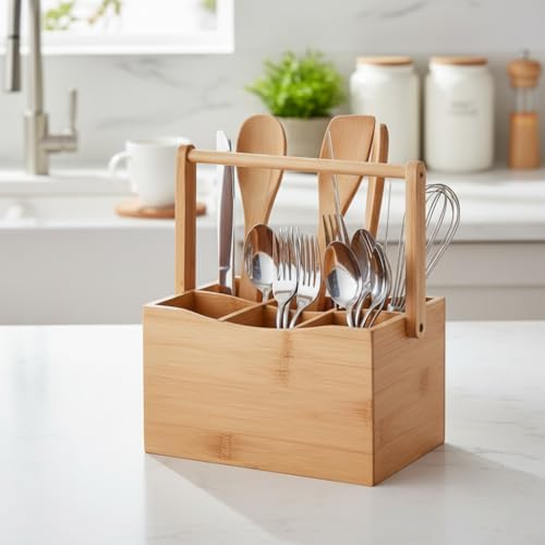 Bambu Taşıma Kulplu Çok Amaçlı Düzenleyici - 6 Bölmeli Çatal Bıçaklık | Ofis, Banyo ve Masaüstü Caddy Organizer (21.6x14x12.7 cm) - Görsel 3