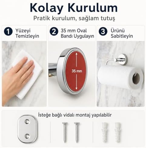 İris Solo Havluluk, Krom Kaplama, Yapışkanlı ve Vidalı Montaj, 35 mm Oval Bantlı Rulo Havlu Askısı