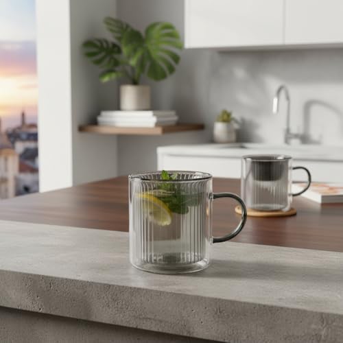250 ml Çift Cidarlı Borosilikat Cam Kupa - Antrasit Detaylı, Dikey Çizgili Isıya Dayanıklı Kahve ve Çay Bardağı