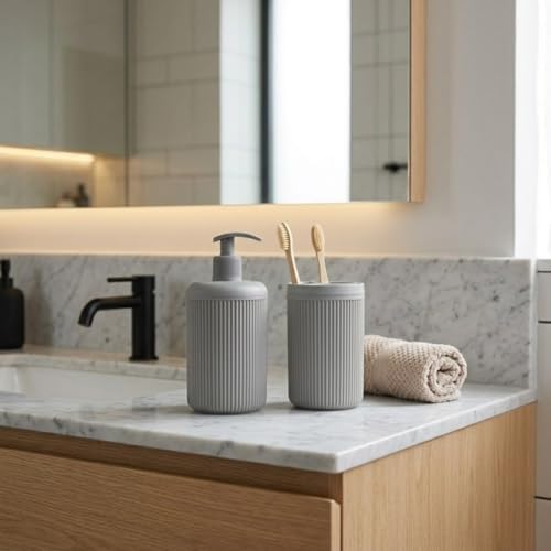 İkili Sabunluk Seti - Modern Banyo ve Mutfak Tezgah Üstü Seti - Sıvı Sabunluk ve Losyon Şişesi - Paslanmaz Pompalı 2'li Set-Antrasit Renk - Görsel 2
