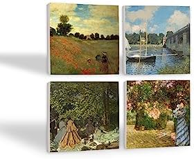 Pinecone Claude Monet Bahçede, Kırda Öğle Yemeği, Argenteuil'de Köprü, Gelincikler Taş Bardak Altlığı Seti - 4 Parça - Dekoratif, Rustik Mutfak Aksesuarı, 10x10 cm, Kaydırmaz Tabanlı SC128