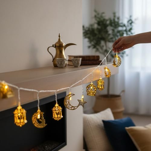 10’lu 2 Metre Pilli LED Ramazan Kandil Temalı Dekoratif Işık, Sarı Işık 2 Modlu Aydınlatma, Oda Balkon ve Duvar Süsleme İçin Uygun,Şık Tasarım-CK1 (Ramazan Işığı, 10 Lu 2 Metre)