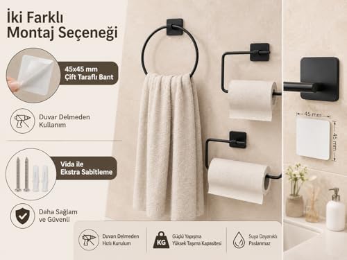 3’lü Siyah Banyo Seti, Yapışkanlı ve Vidalı Montajlı Havluluk, Tuvalet Kağıtlığı, Yuvarlak Havluluk ve Kağıt Havluluk Seti