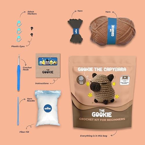 The Gookie Başlangıç Seviyesi Amigurumi Kapibara Örgü Seti, El Yapımı Tığ İşi Oyuncak, Kahverengi, Tam Set Malzemelerle