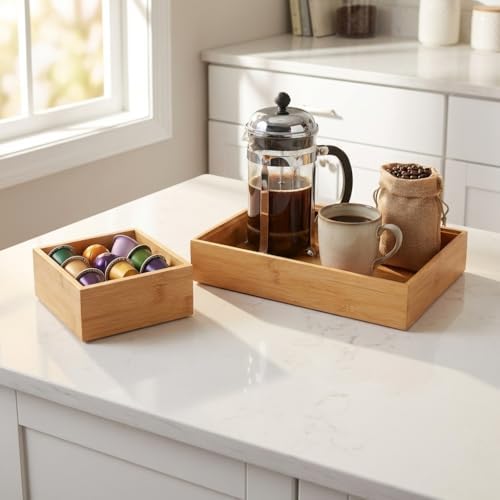 Alternative view of 2'li Çok Amaçlı Bambu Organizer Set - Büyük ve Küçük Boy Banyo, Mutfak ve Ofis Düzenleyici Kutu - Ahşap Dekoratif Saklama Seti (33x16x12 cm & 15x15x6 cm)