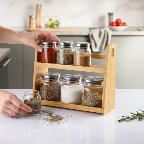 Alternative view of 8 Parça Borosilikat Cam Baharatlık Seti (700 ml) - Paslanmaz Çelik Kapaklı ve Bambu Kapak Sçenekli 2 Katlı Bambu Standlı Tezgah Üstü Erzak Kabı ve Mutfak Düzenleyici Organizer (Bambu Kapak)