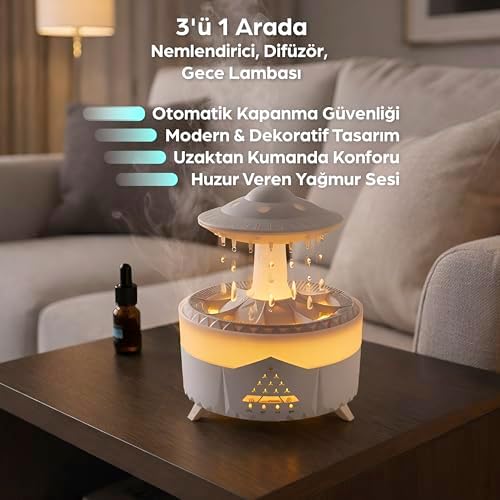 Yağmur Damlası Aroma Difüzörü – Hava Nemlendirici Buhar Makinesi – Raindrop Modlu, Renkli Işıklı, Zaman Ayarlı & Otomatik Kapanmalı Dekoratif Difüzör Uzaktan Kumandalı - Görsel 3