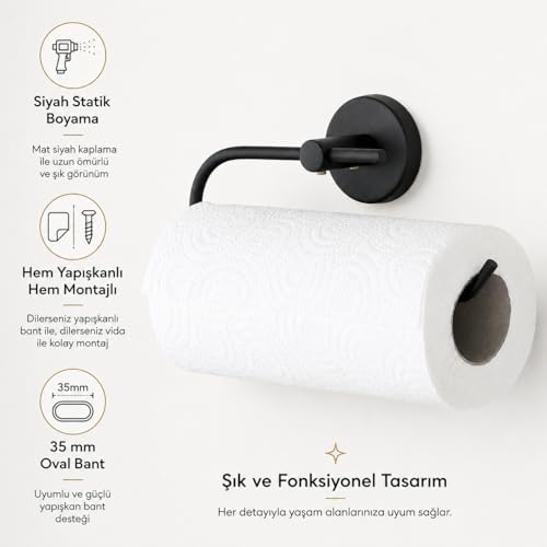 Lotus Siyah Kağıt Havluluk, Yapışkanlı ve Vidalı Montajlı Rulo Havlu Askısı, Mat Siyah Statik Boyama, 35 mm Oval Bantlı Mutfak ve Banyo Kağıt Havlu Tutucu - Görsel 3