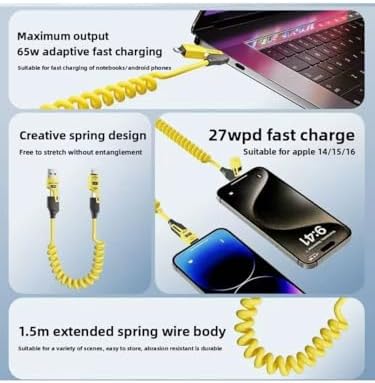 Alternative view of 4in1 Spiral Şarj Kablosu 65W Hızlı Şarj - USB-A Type-C Lightning Çoklu Kablo - Esnek Yay Tasarım - Premium Kalite Çok Fonksiyonlu Data Kablosu (Sarı)