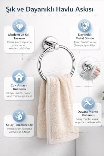 Yuvarlak Havlu Halkası Krom Kaplama, Duvara Monte Yuvarlak Banyo Havluluk, Dayanıklı Metal El Havlusu Askısı, Modern Parlak Krom Tasarım, Paslanmaya Dayanıklı Banyo Aksesuarı - Görsel 3