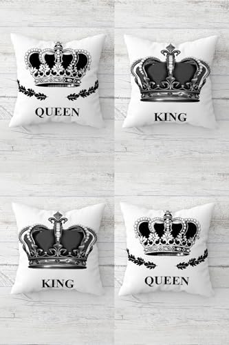 King and Queen Taç Desenli Gizli Fermuarlı Kırlent Kılıfı Koltuk Yastık Kılıfı Takım(4ADET), Siyah-Gri-Beyaz 45 x 45