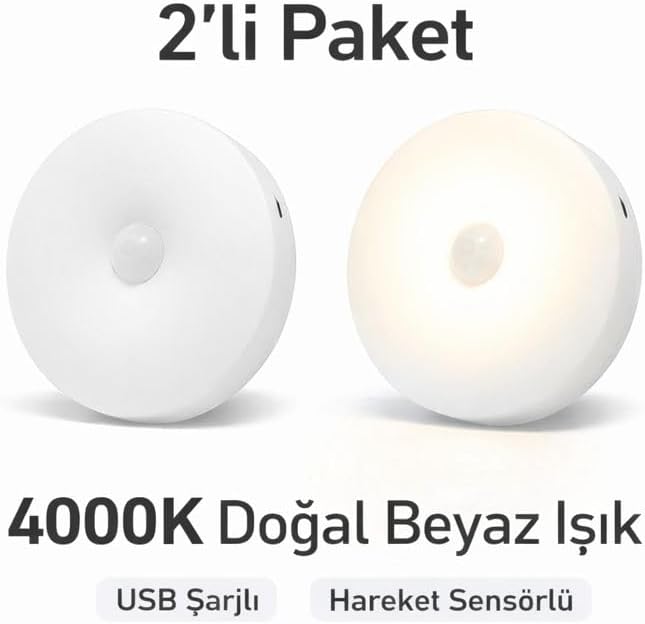 2’li Set Sensörlü LED Kabin Işığı Gece Lambası | 1,5W | 4000K Doğal Beyaz | 150 Lümen | USB Şarjlı | Manyetik & Bantlı | Mutfak Dolabı, Merdiven, Gardırop Aydınlatma Karanlıkta Harekete Duyarlı