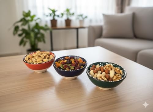 Kabartma Desenli El Boyaması Seramik Kase Seti, 3’lü Renkli Çini Motifli Dekoratif Sunum Kaseleri, Kahvaltı, Meze, Çerez ve Servis İçin Çok Amaçlı El Yapımı Kase Takımı - Görsel 3