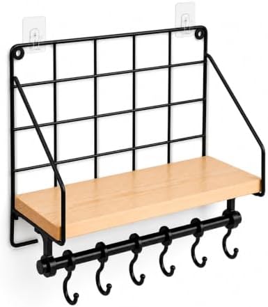 Duvara Asılabilir Yapışkanlı Raf ve 6 Kancalı Organizer, Ahşap Raflı Metal Mutfak Düzenleyici, Delmeden Monte Edilebilir Askılı Duvar Rafı, Baharatlık, Havluluk, Bardaklık