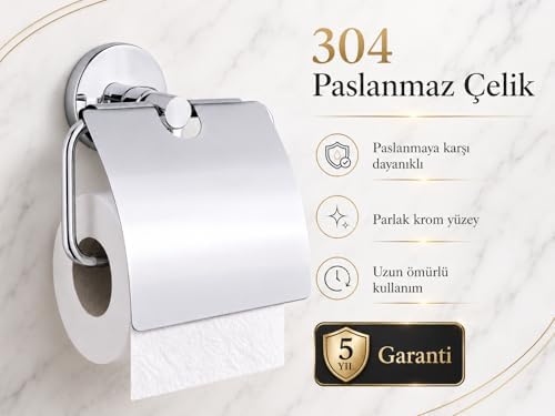 Kapaklı Tuvalet Kağıtlığı, 304 Paslanmaz Çelik, Krom Kaplama Wc Kağıtlık, Yapışkanlı ve Vidalı Montajlı, 5 Yıl Garantili Banyo Aksesuarı - Görsel 3